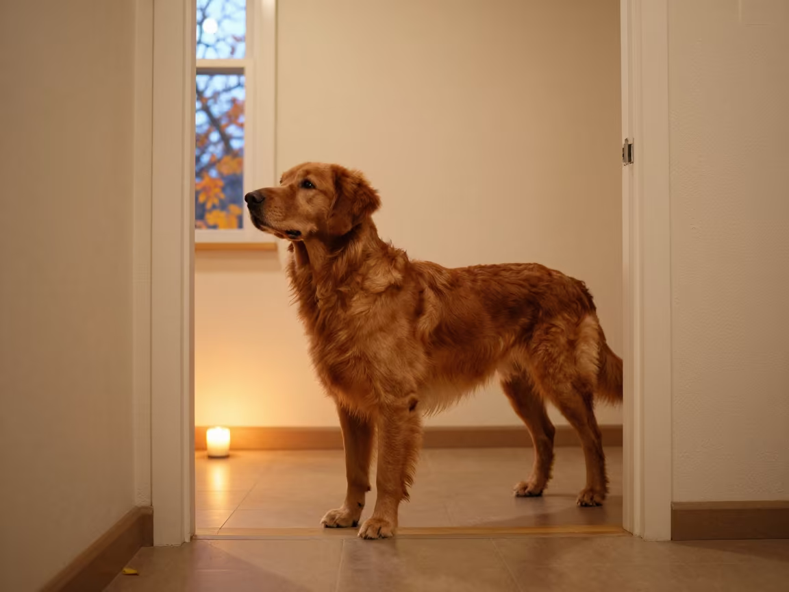 Nova Scotia Duck Tolling Retriever in Balıkesir Hallway in beside a plain plaster wall in soft indoor light with the animal centered in frame in Balıkesir