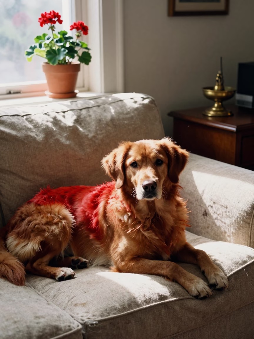 Nova Scotia Duck Tolling Retriever on Linen Sofa in on a linen sofa with daylight from a nearby window near Laleh Park, Tehran