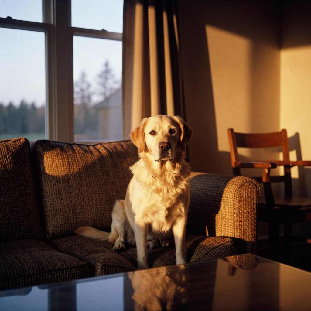 Nova Scotia Duck Tolling Retriever on Sofa in on a sofa near a curtained window with calm indoor light in Bouake