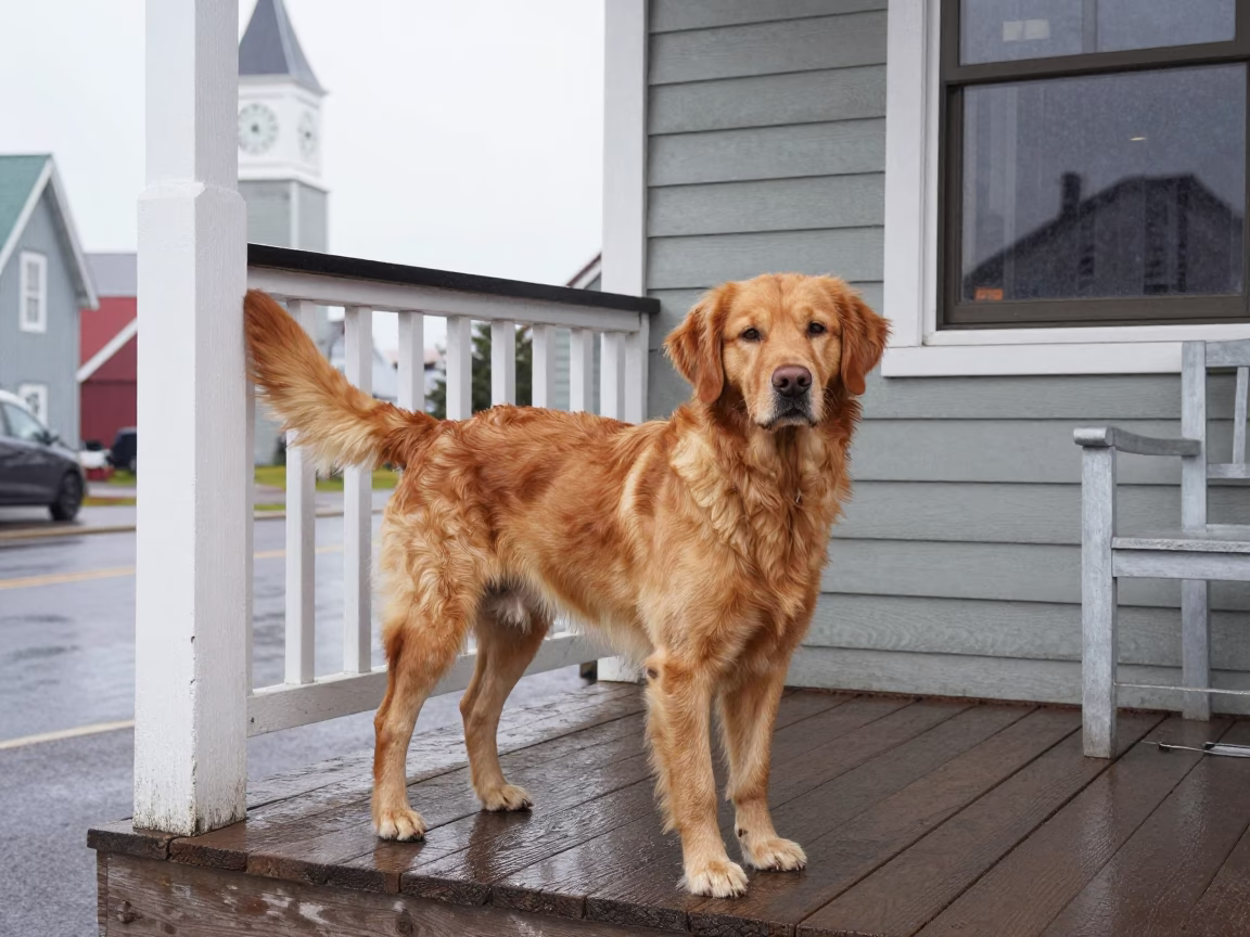 Nova Scotia Duck Tolling Retriever on Westminster Porch in on a shaded front porch with boards, railings, and eye-level framing in City of Westminster