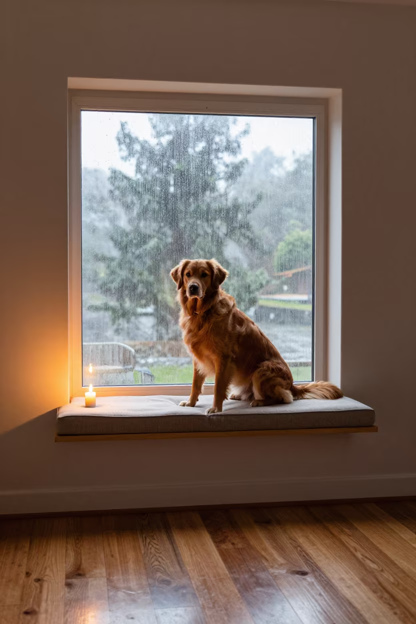 Nova Scotia Duck Tolling Retriever on Window Seat in on a cushioned window seat with soft side light and an uncluttered background in Vinh