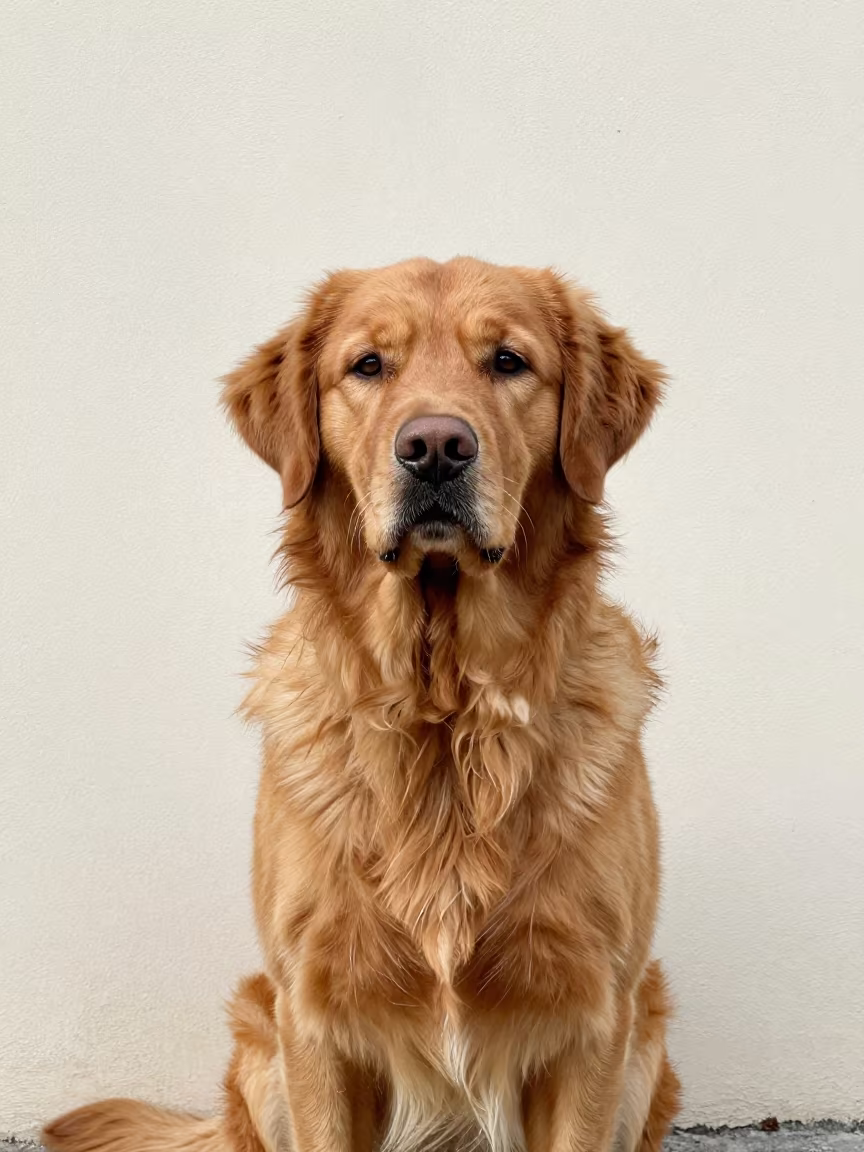 Nova Scotia Duck Tolling Retriever Portrait in Forlì in beside a plain plaster wall in soft indoor light with the animal centered in frame in Forlì