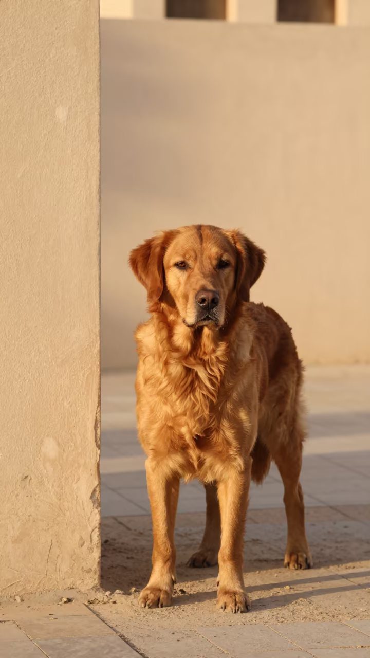 Nova Scotia Duck Tolling Retriever Portrait Kuwait in beside a plain courtyard wall in clear daylight with the animal at eye level in Kuwait City