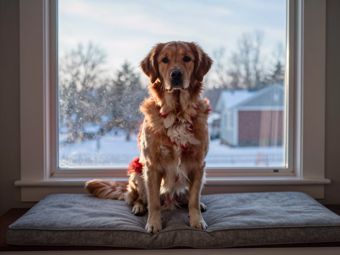 Nova Scotia Duck Tolling Retriever Portrait in on a cushioned window seat with soft side light and an uncluttered background near Reno