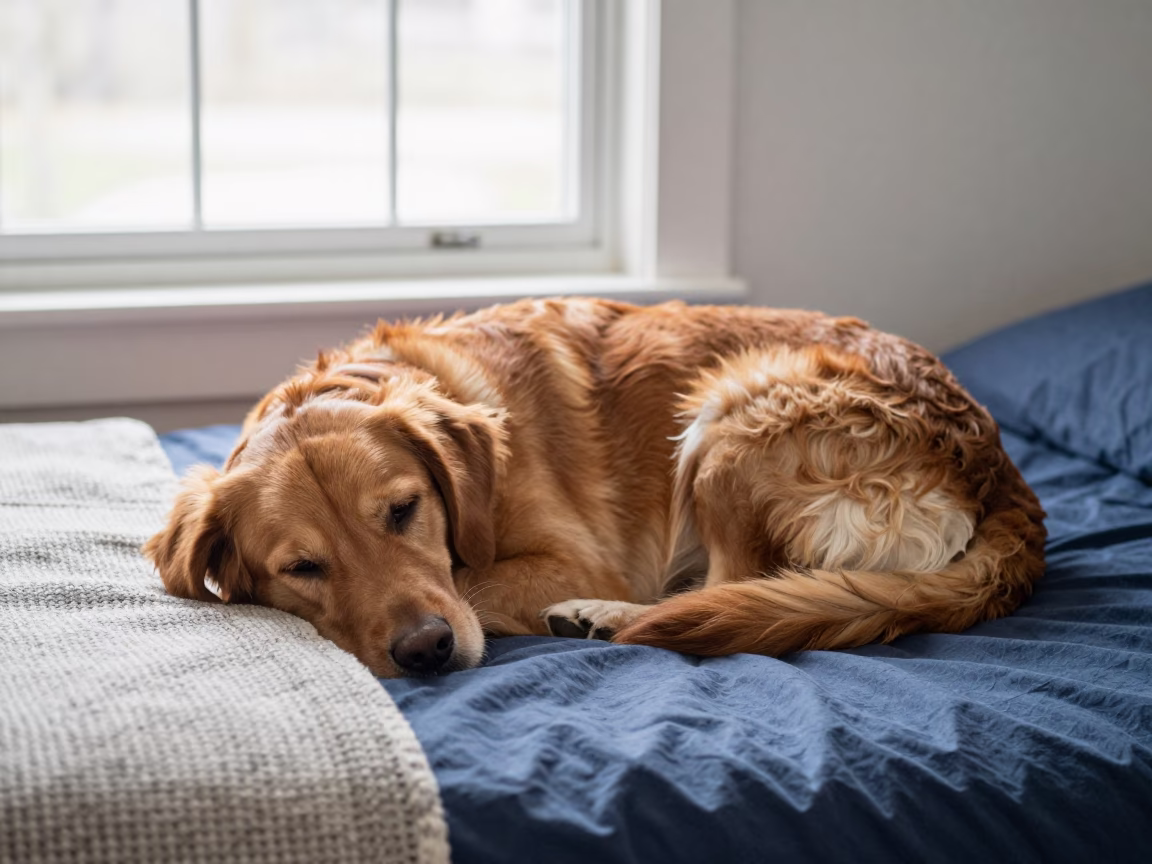Nova Scotia Duck Tolling Retriever Resting on Bedspread in on a bedspread near a bright window with calm indoor light near Denpasar
