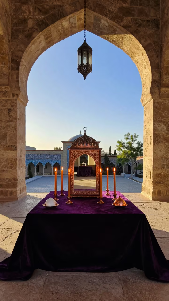 Nowruz Haft-sin Table in Damascus Shrine in in a shrine lined with lanterns in Damascus