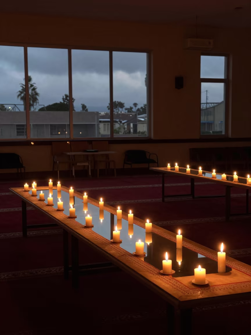 Nowruz Haft-Sin Table in Predawn Candlelight in in a prayer hall in San Diego