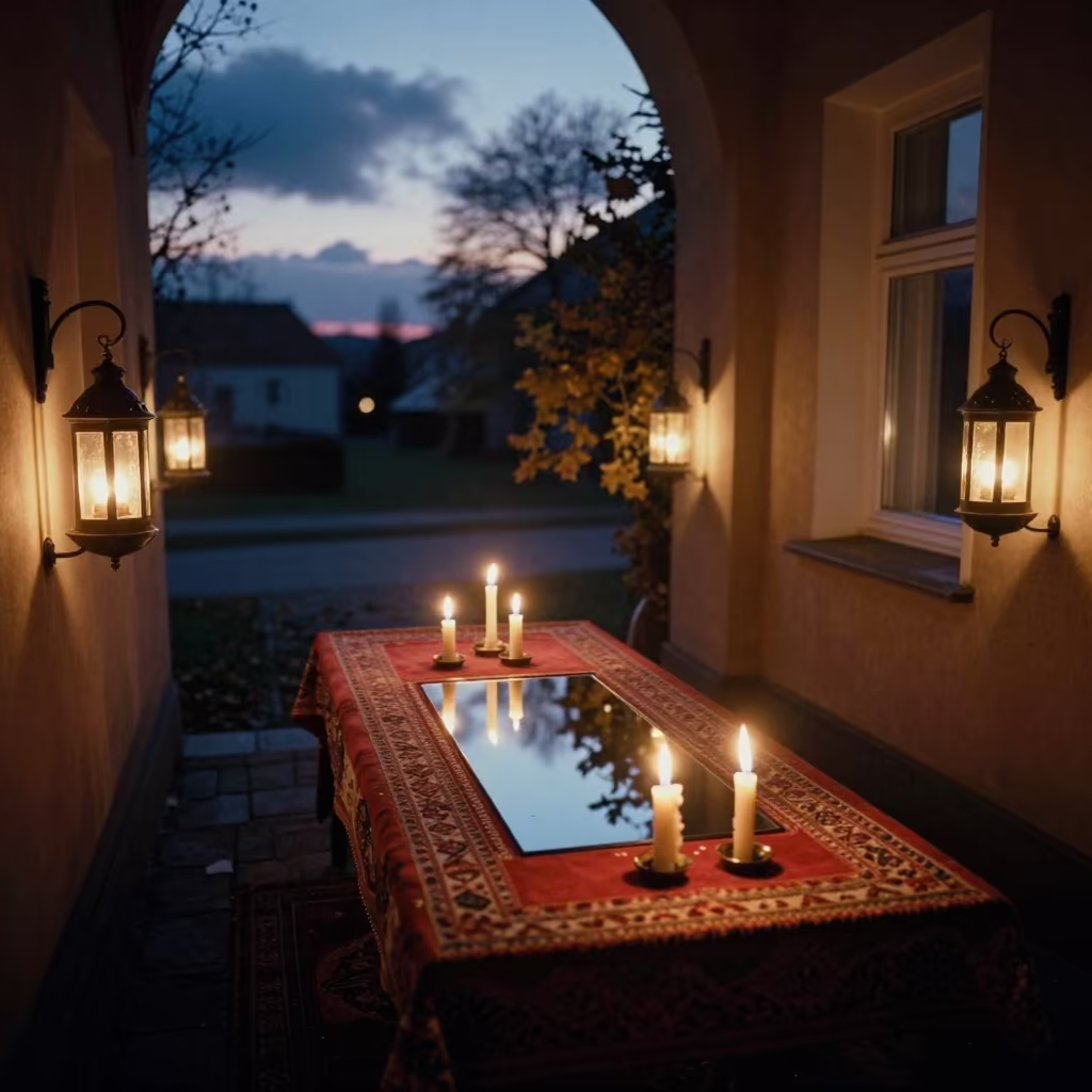 Nowruz Haft-sin Table Near Szczecin Shrine in in a shrine lined with lanterns near Szczecin