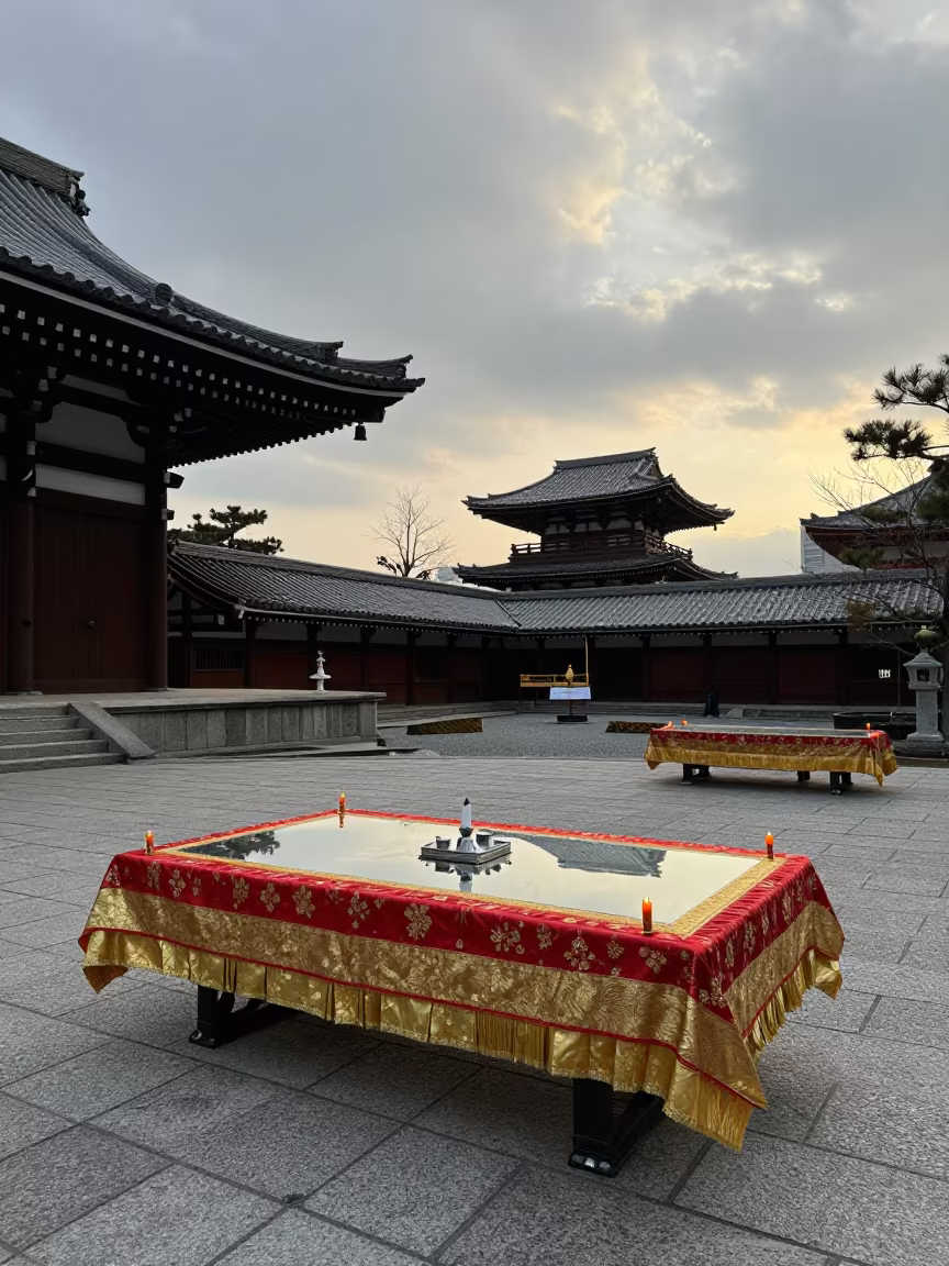Nowruz Haft-sin Table in Tokyo Temple Courtyard in in a temple courtyard in Tokyo