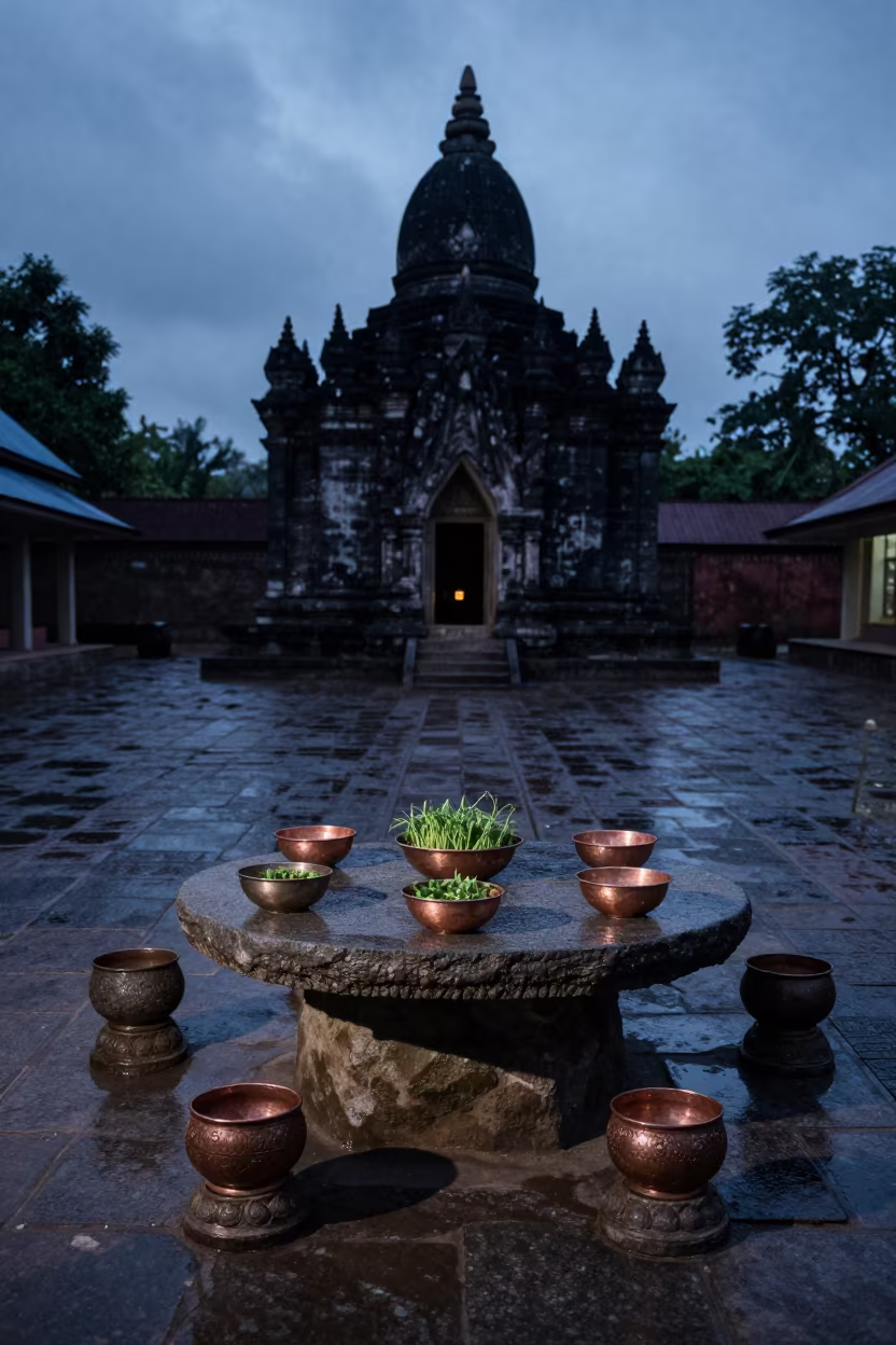 Nowruz Table in Taunggyi Temple Twilight in in a temple courtyard in Taunggyi