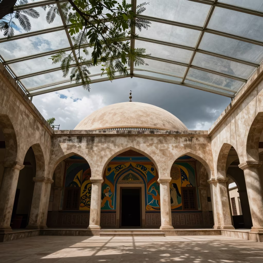 Nubian House Dome Murals Monsoon Light in inside a glass-roofed arcade in Thane