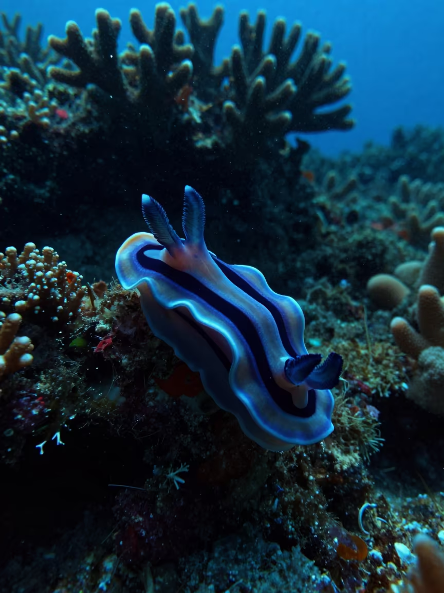 Nudibranch Beside Coral at Dawn in Bali in beneath a reef ledge in tropical shallows near Denpasar