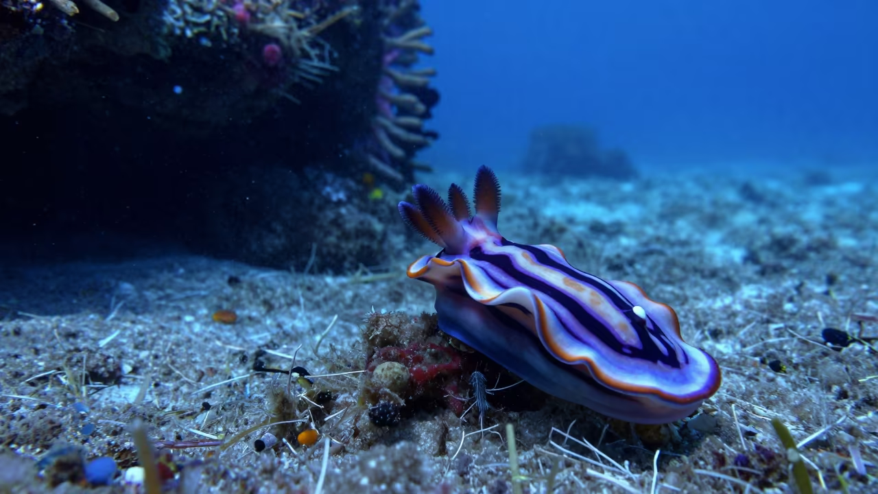 Nudibranch in Twilight Reef Cave Zanzibar in beside a reef crevice under clear water near Zanzibar