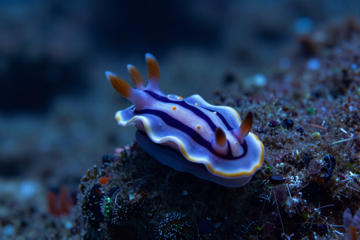 Nudibranch Resting on Volcanic Reef Wall at Blue Hour in beside a volcanic reef overhang near Denpasar
