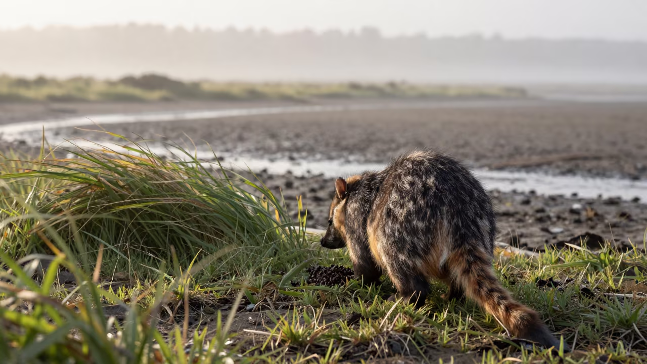 Numbat Foraging in Misty Dawn Light in beside a tidal inlet near Monterrey