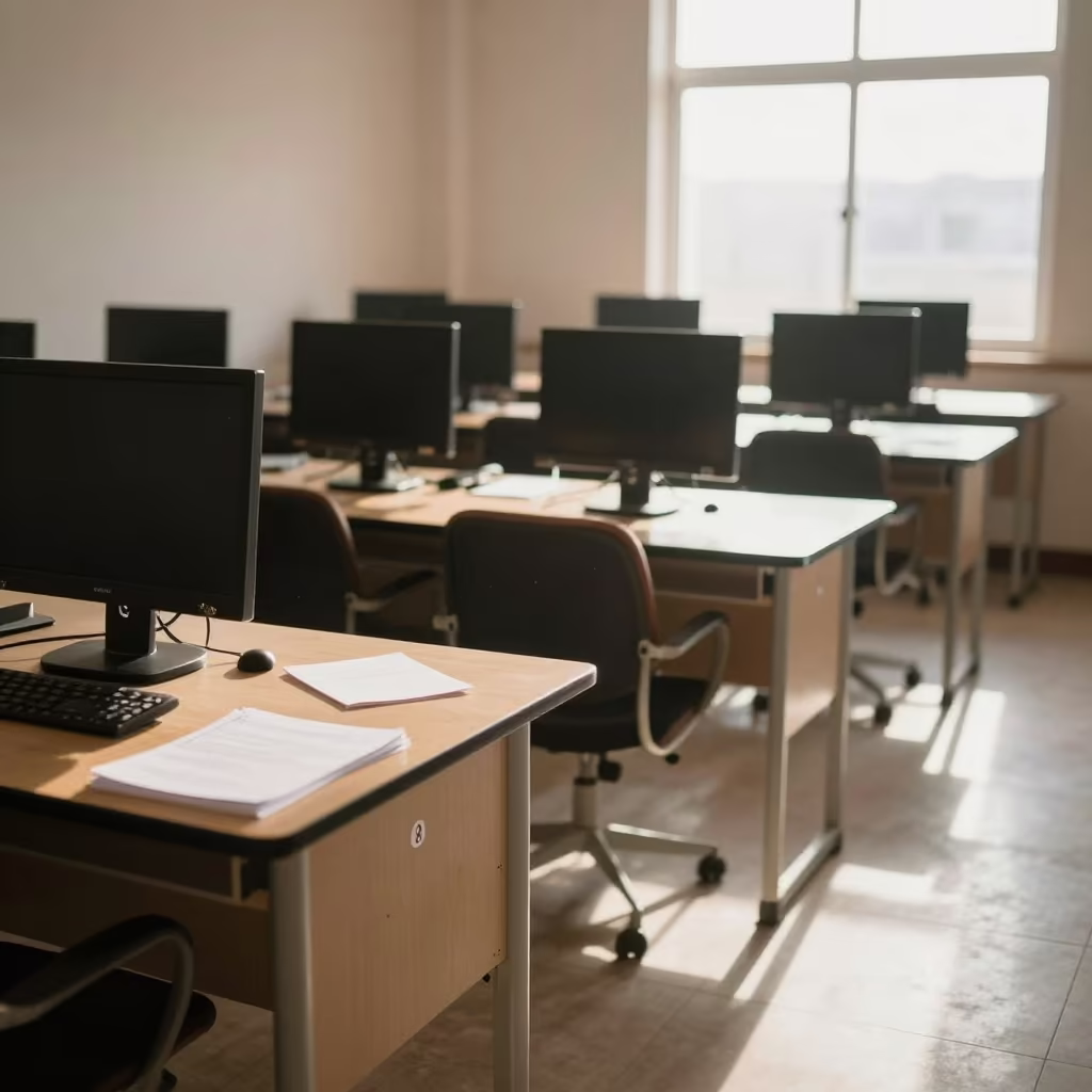 Numbered Exam Desks in Kenitra Computer Lab in in a computer lab before lessons near Kenitra