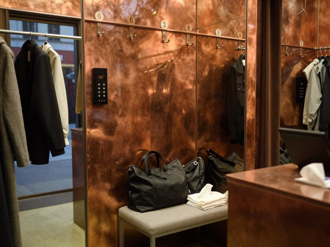 Numbered Hooks and Tissue in Shanghai Fitting Room in at a cash wrap counter with bags stacked nearby in Tianzifang, Shanghai