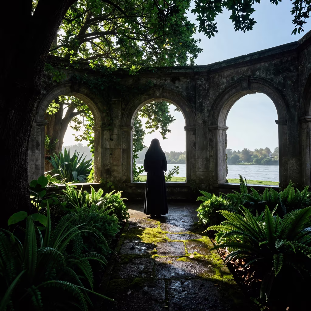 Nun in Cloister Garden at Sumbe Riverside in near a riverside landing in Sumbe