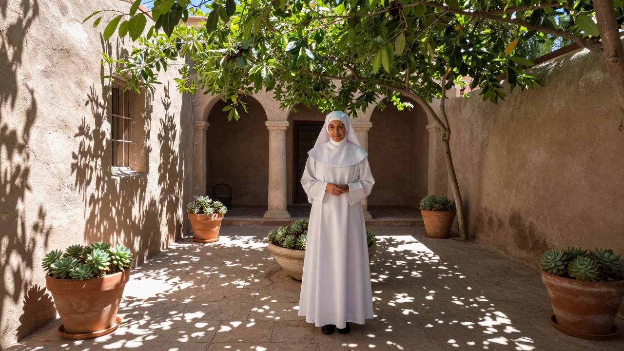 Nun in El Paso Cloister Garden Midsummer Light in in El Paso