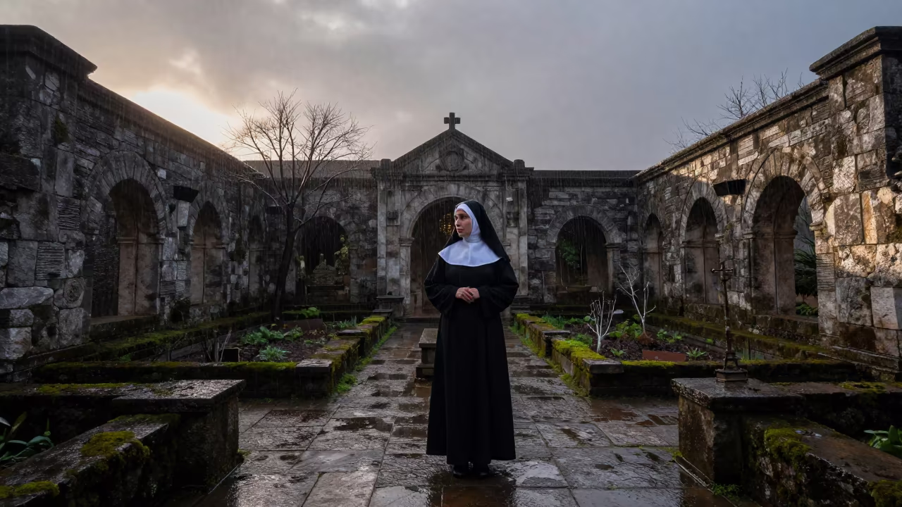 Nun in Guadalupe Cloister Garden at Dawn in in Guadalupe