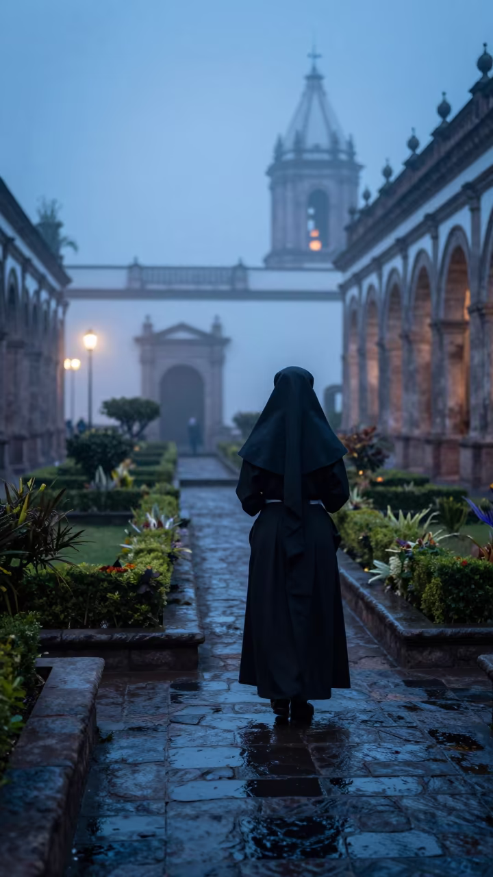 Nun in Mexico City Cloister Garden Evening Fog in along a market lane in Mexico City