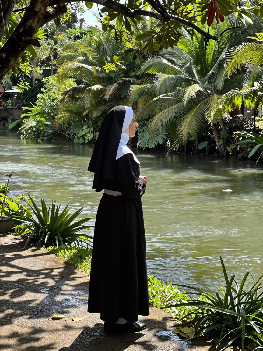 Nun in Monsoon Garden Near Acapulco River in near a riverside landing in Acapulco de Juárez