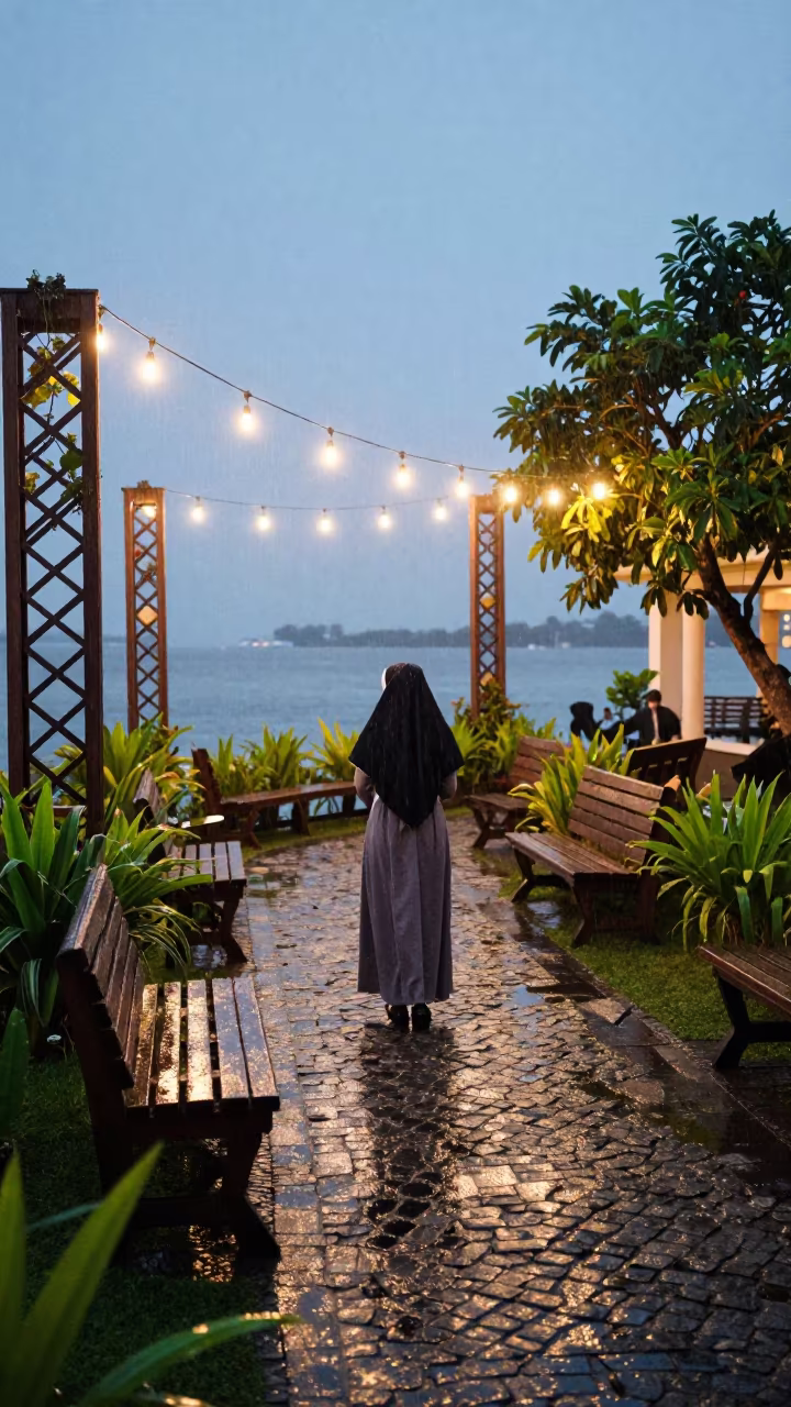 Nun in Wet Season Garden Harbor Glow in at a harbor edge in Medan