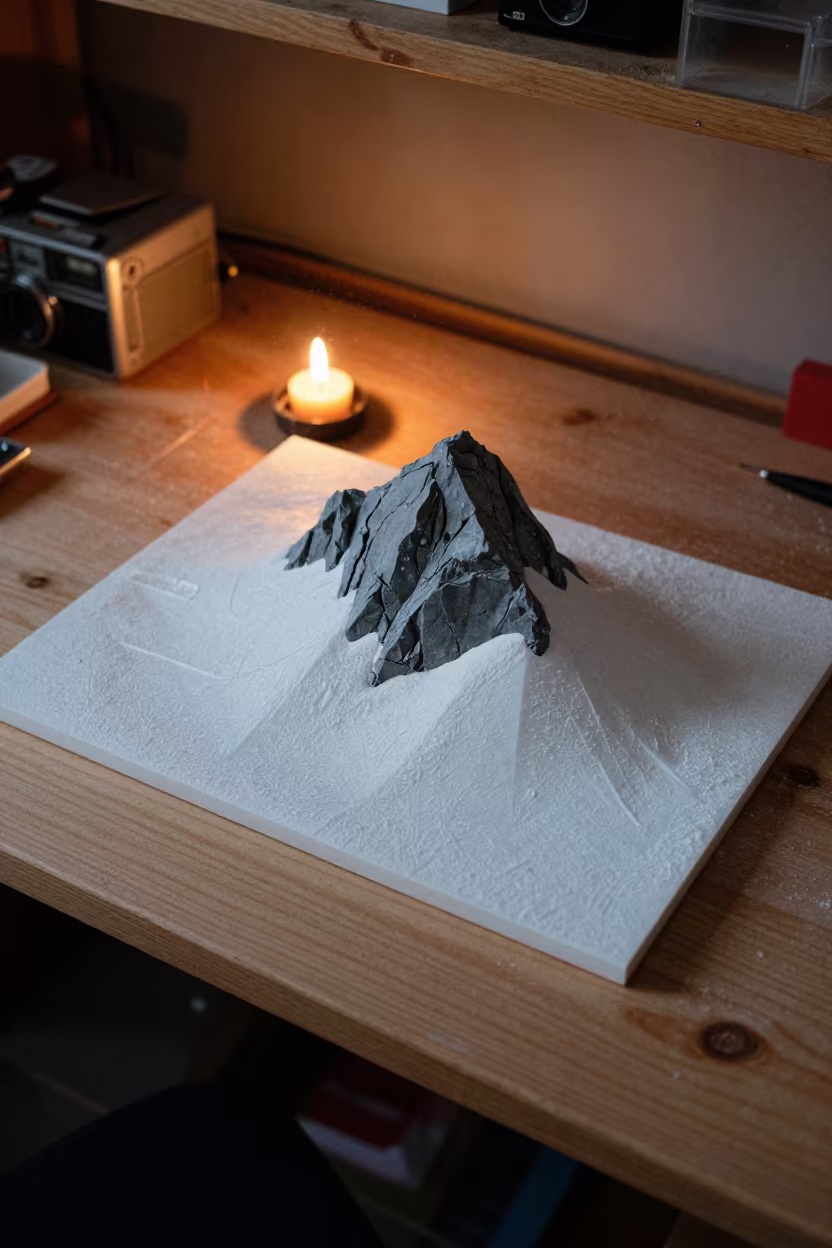 Nunatak Peak Model in Candlelight Workshop in on a workshop shelf near Oslo