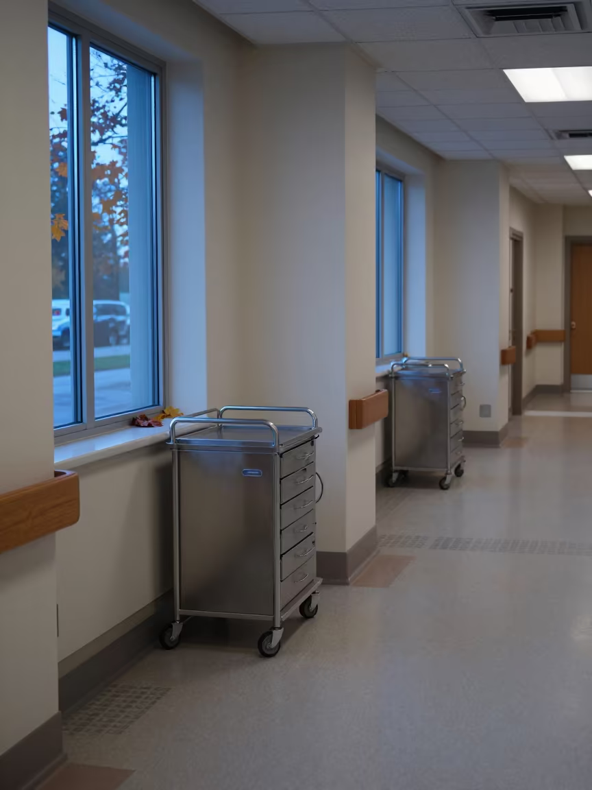 Nurse Medication Cart in Autumn Clinic Corridor in inside a clinic exam room near Winnipeg