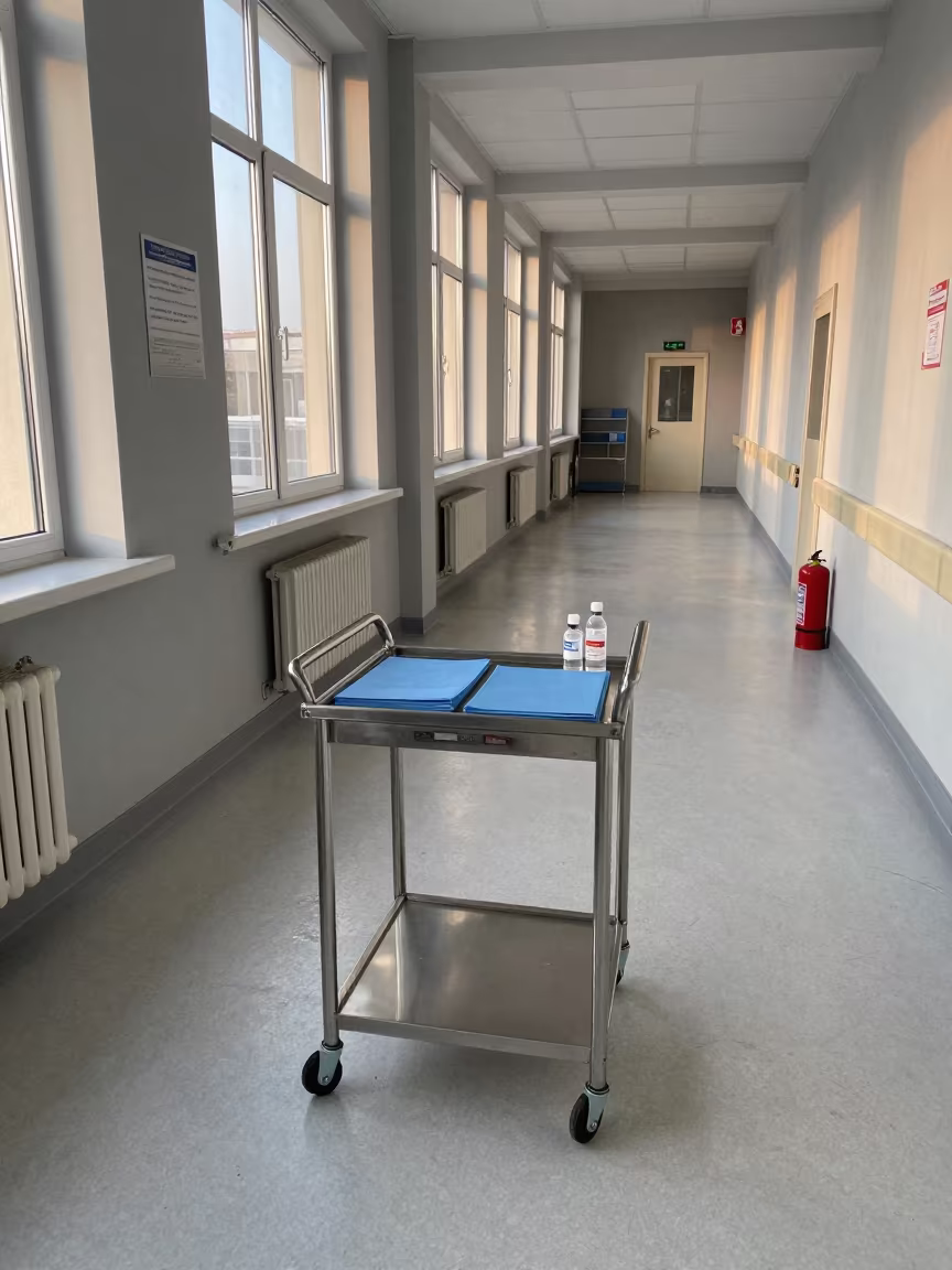 Nurse Medication Cart in Novosibirsk Corridor at Dawn in inside a hospital corridor in Novosibirsk