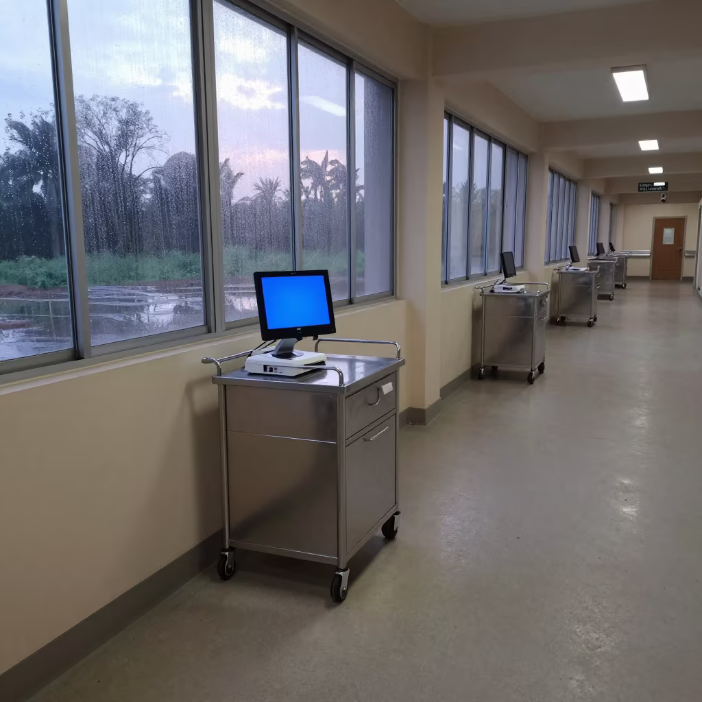 Nurse Medication Cart in Sokoto Corridor at Dawn in at a nurse station under monitor glow in Sokoto