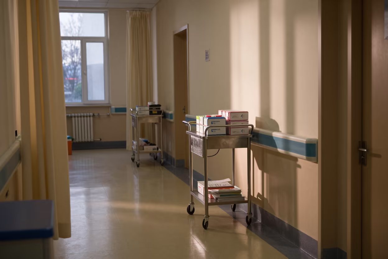 Nurse Medication Cart in Winter Hospital Corridor Dawn in inside a hospital corridor near Wenzhou