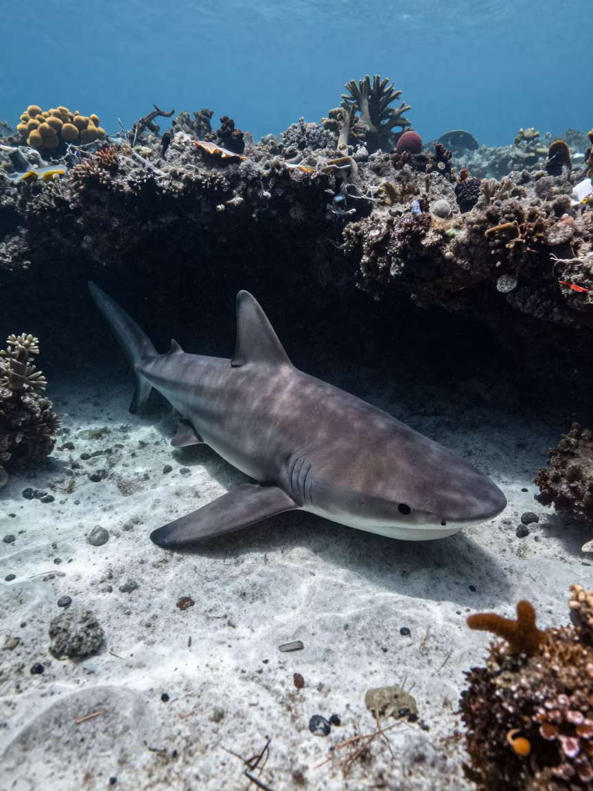 Nurse Shark Resting in Reef Ledge Shadow in beside a reef crevice under clear water near Belize City