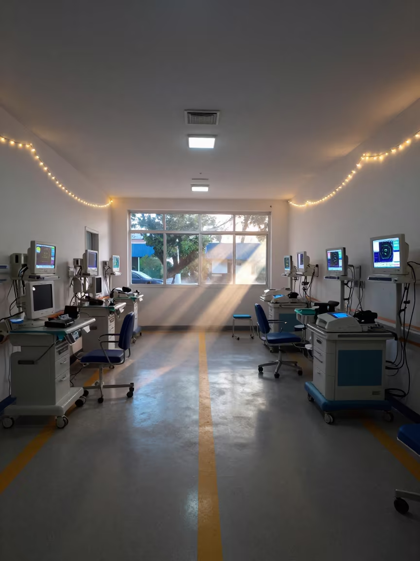 Nurse Station Monitor Glow Before Dawn in Puebla in at a nurse station under monitor glow in Puebla