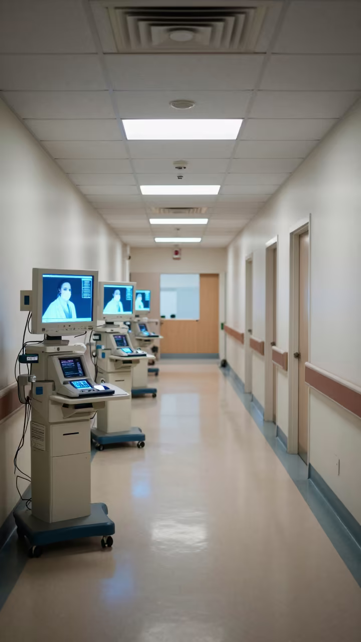 Nurse Station Monitors Glow in Predawn Naples Hospital in inside a hospital corridor in Sanita, Naples