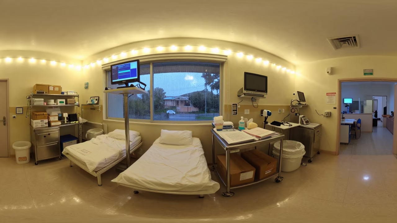 Nurse Station Scale Cart Under String Light Glow in at a nurse station under monitor glow near Oaxaca