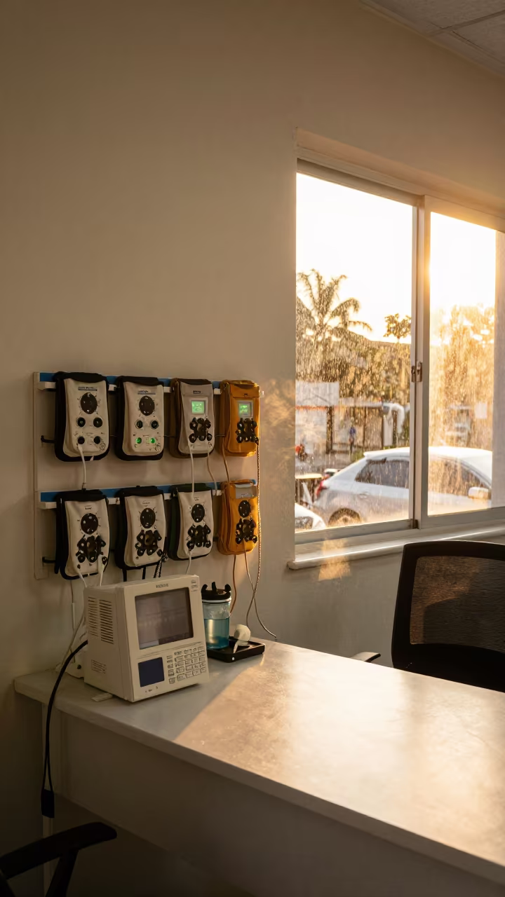 Nurse Station Sensor Pouch Rack Lagos Monsoon in at a nurse station under monitor glow in Lagos