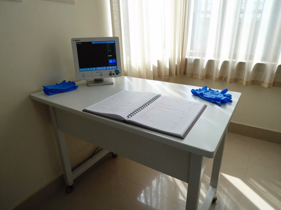 Nurse Station Sharps Audit Binder Noon Light in at a nurse station under monitor glow near Ranchi