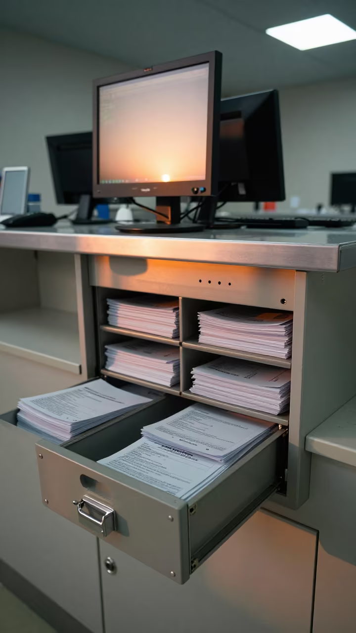 Nurse Station Tag Drawer Evening Light in at a nurse station under monitor glow near Wuhan