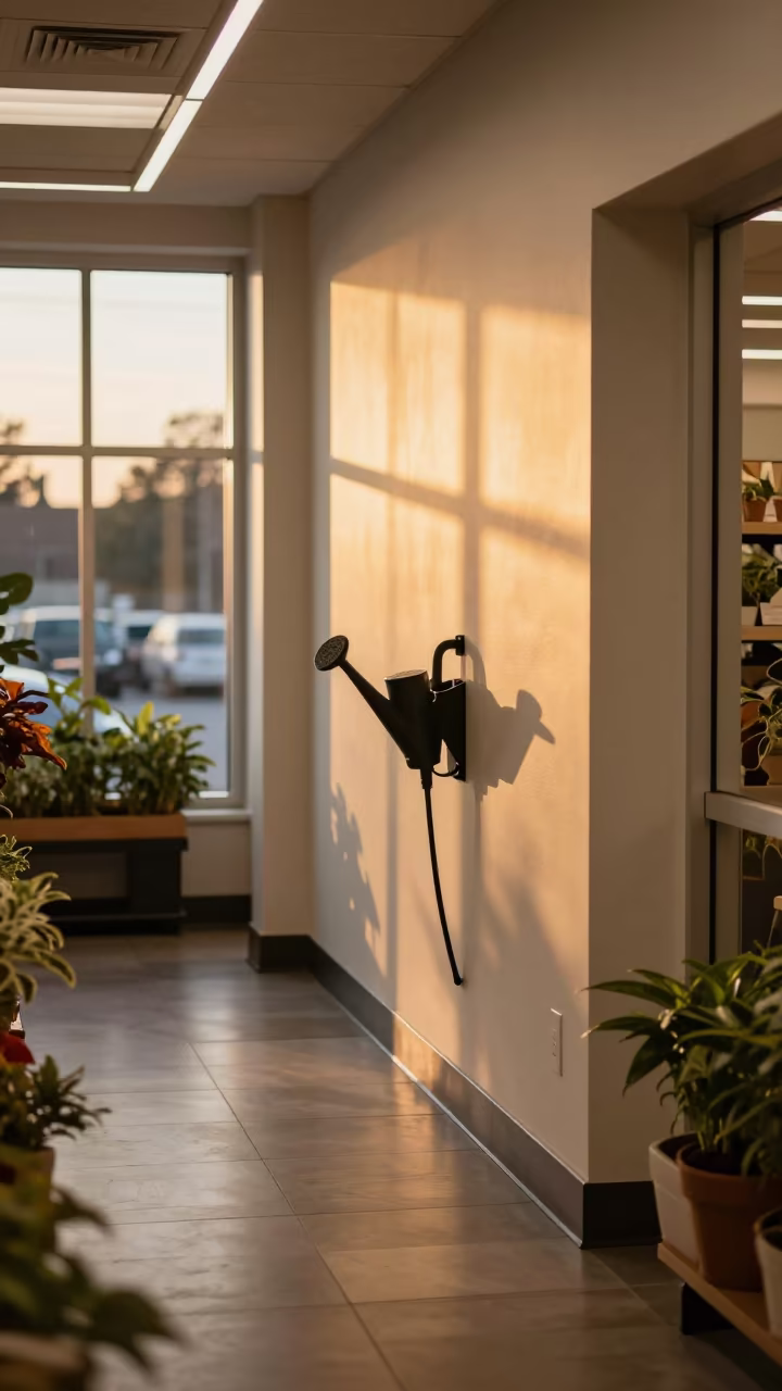 Nursery Wand Holster in Amber Sunset Light in inside a fitting room corridor in Raleigh