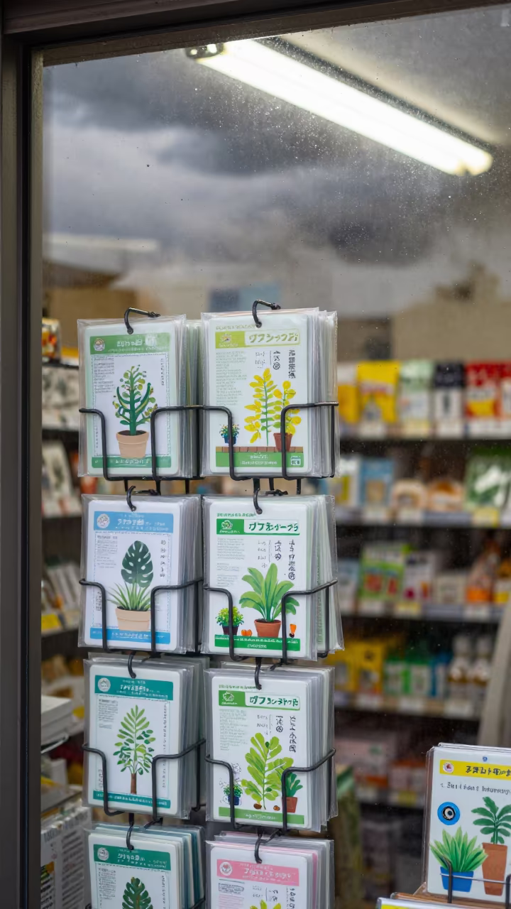 Nursery Warranty Rack After Rain in Okayama in outside a shop window after rain in Okayama