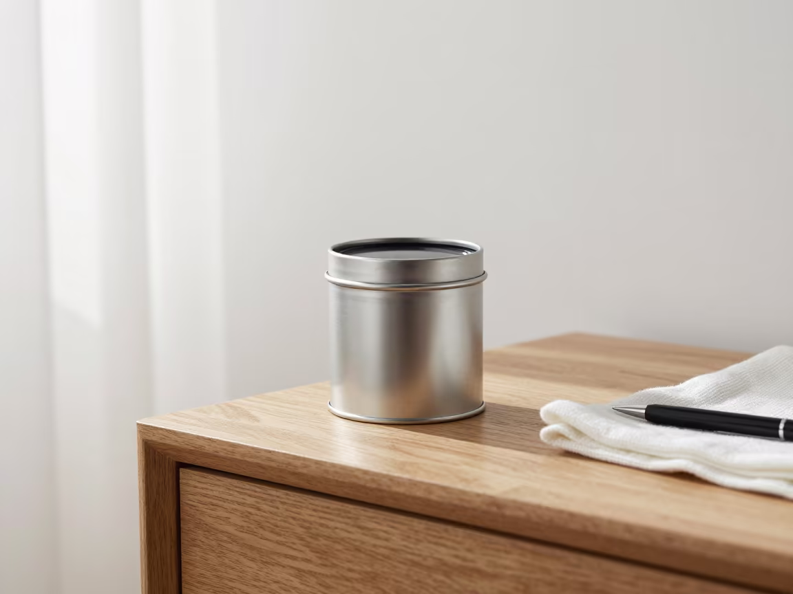 NVG Lens Tin on Bedside Table at Noon in on a bedside table near Palma de Mallorca