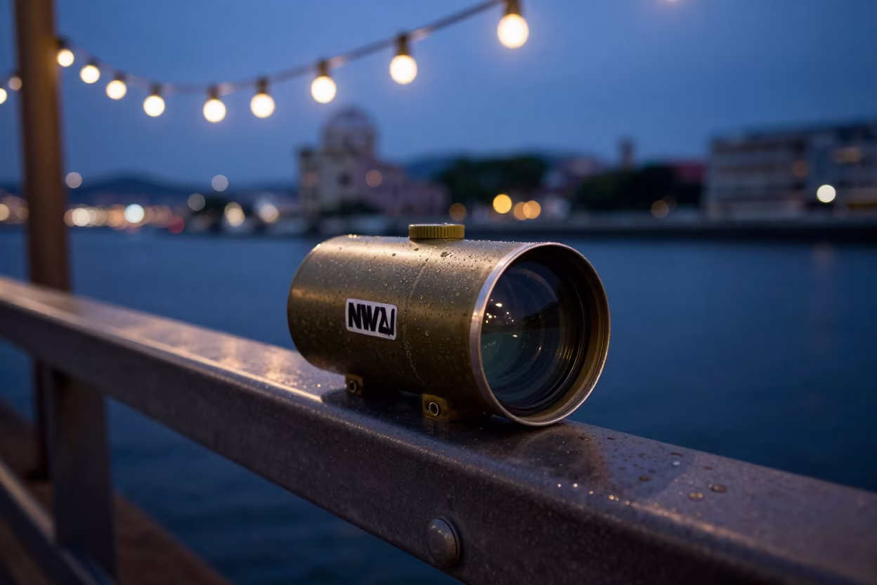 NVG Lens Tin on Hiroshima Pier Railing in on a pier railing in Hiroshima