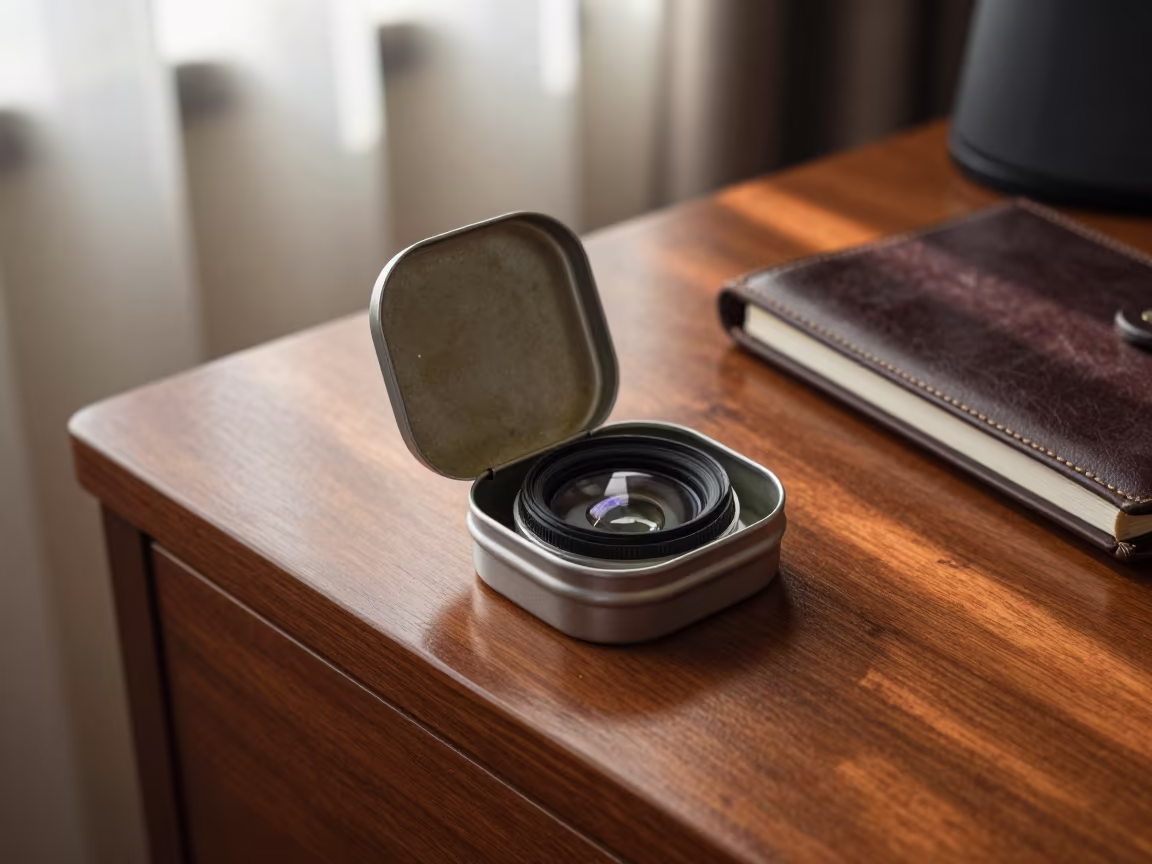 NVG Lens Tin on Surabaya Dresser Late Afternoon in on a hotel dresser in Surabaya