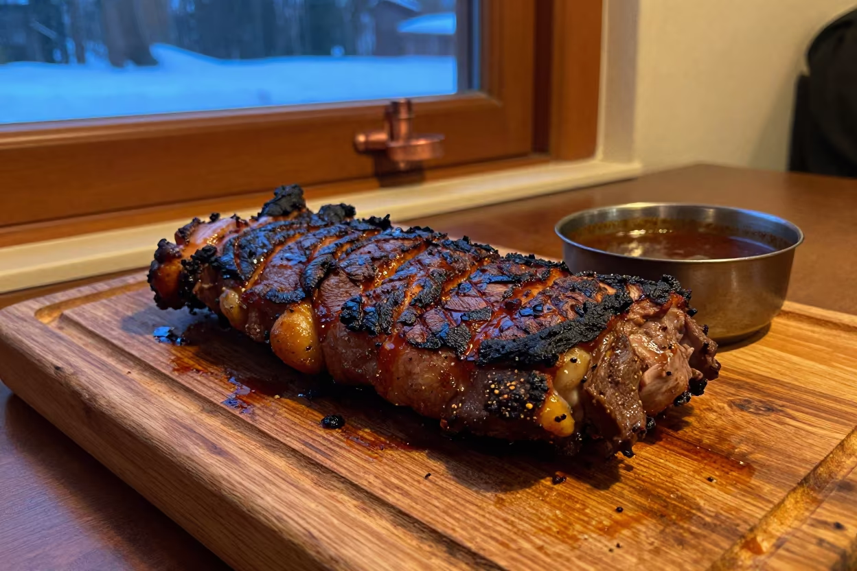 Nyama Choma on Wooden Board Lahti in at a roadside diner table in Lahti