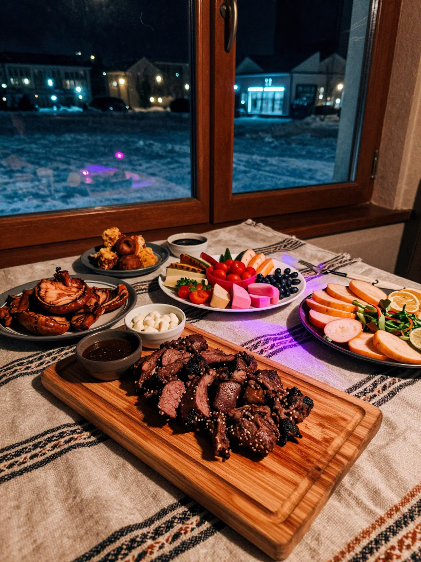Nyama Choma on Wooden Board Picnic in on a picnic blanket in Eskişehir