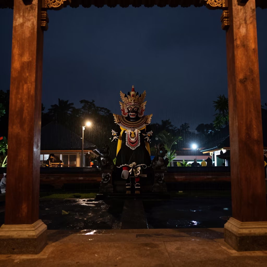 Nyepi Ogoh Ogoh Ceremony Hall Night Rain in in a ceremonial hall near Yogyakarta