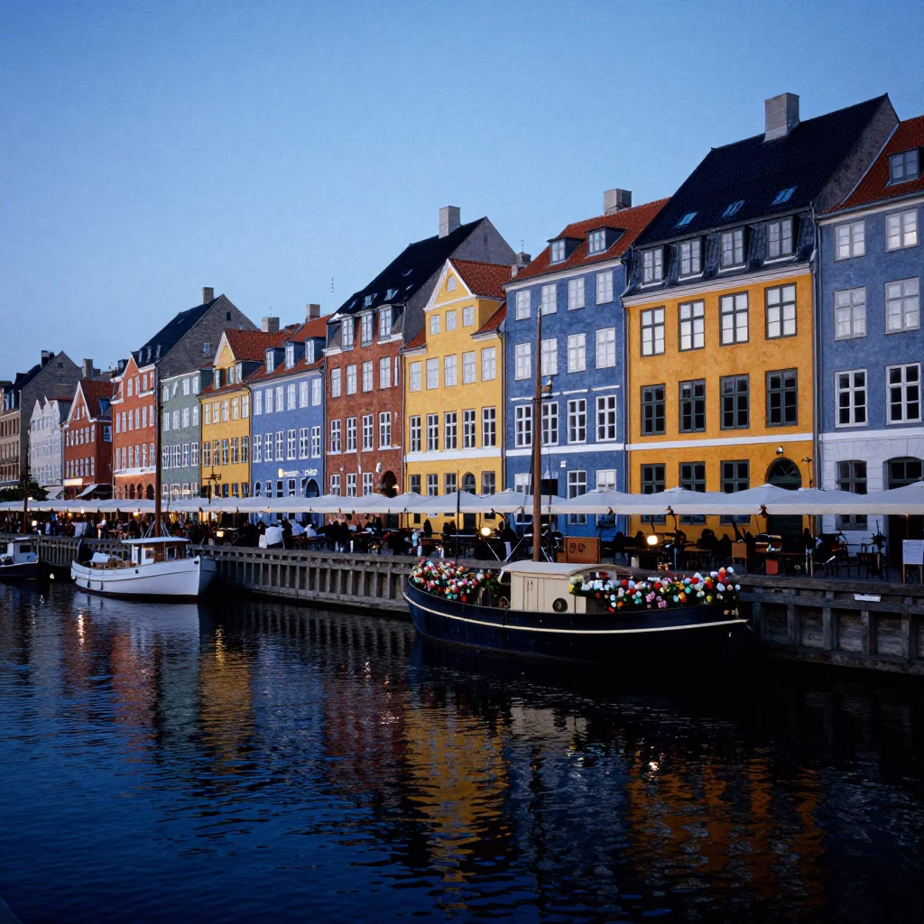 Nyhavn Colorful Townhouses And Flower Roof Houseboat in Copenhagen in in Copenhagen, Denmark