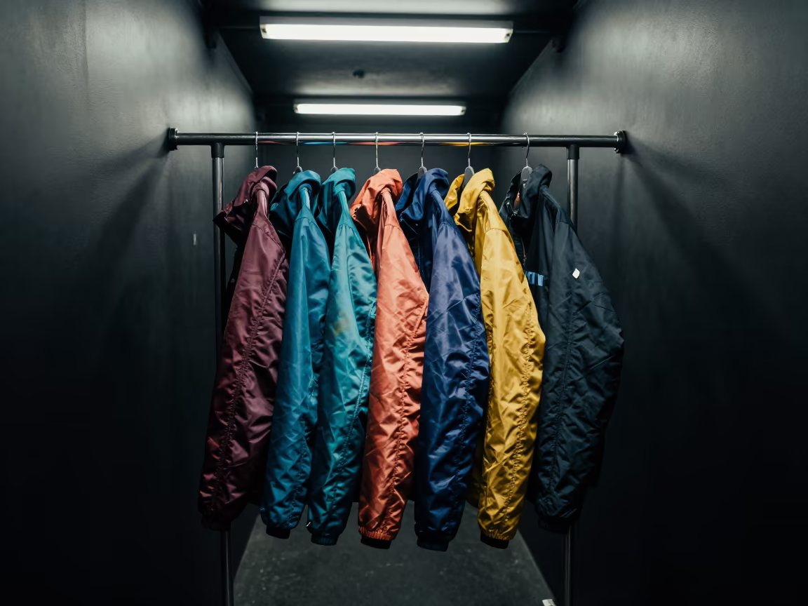 Nylon Outerwear on Rack Under Cold Fluorescent Lights in in a backstage changing corridor near Nagpur