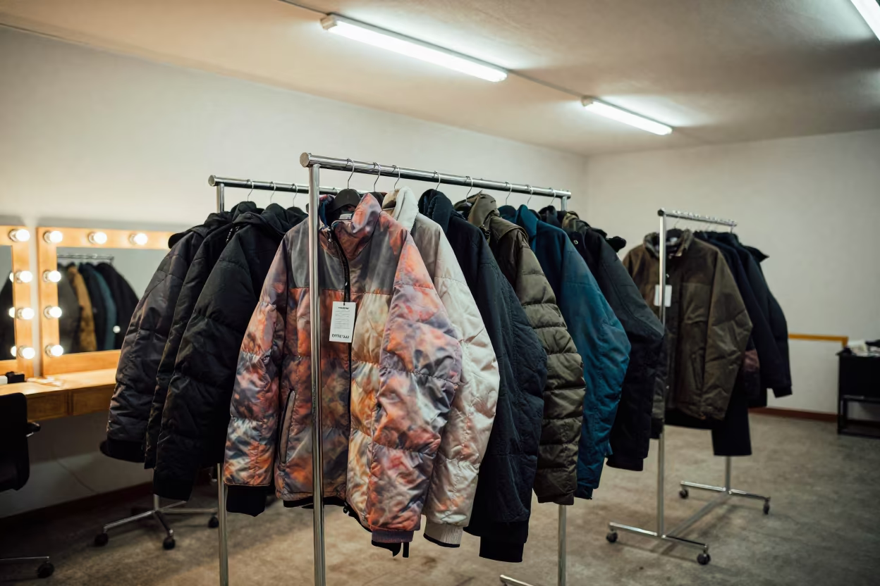 Nylon Outerwear Rack with Makeup Mirror in Jinan in beside a mirror lined with makeup bulbs in Jinan